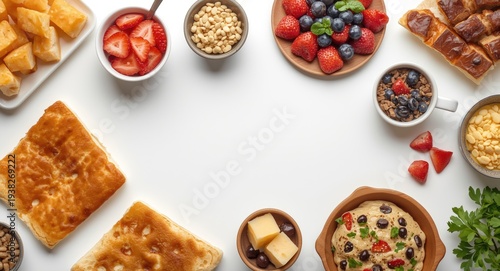 Wallpaper Mural Diverse breakfast foods presented on white backdrop including copy space Torontodigital.ca