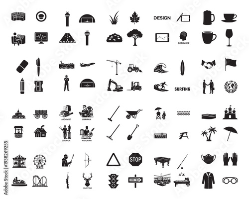 A collection of various black silhouettes on a white background, showcasing everyday objects and symbols in silhouette mode