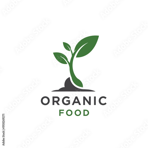 Minimalist organic food sprout logo with young plant growing from soil for farm