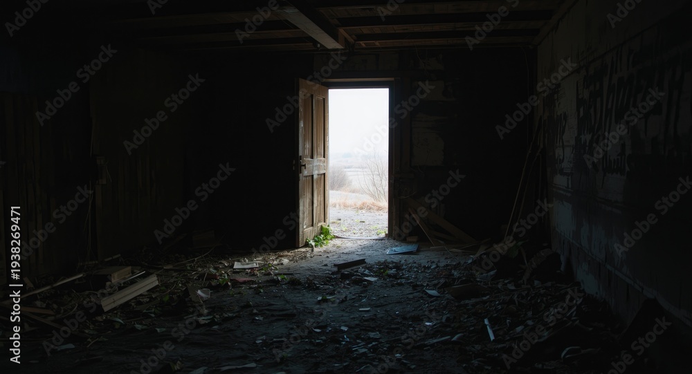 Fototapeta premium Abandoned basement chamber illuminated by sunlight through a partially open wooden cellar door