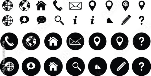 Collection of Communication and Navigation Icons Featuring Globe, Phone, Email, Location, Information, and Question Symbols for Web and App Design