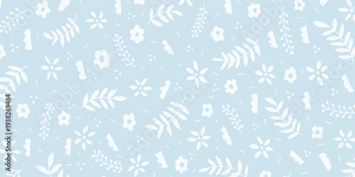 Seamless pattern with delicate white leaves and flowers on a soft blue and green background.