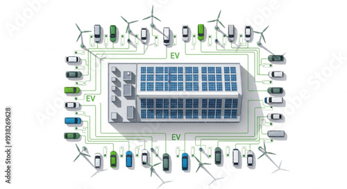 Sustainable energy grid with electric vehicles and solar panels.