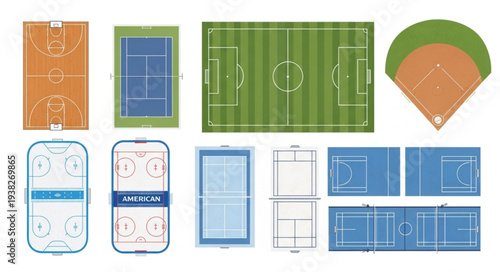 Collection of Sports Fields and Courts Top View.