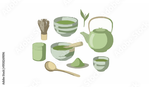 Traditional Japanese matcha tea ceremony tools collection with bowl whisk and teapot vector illustration