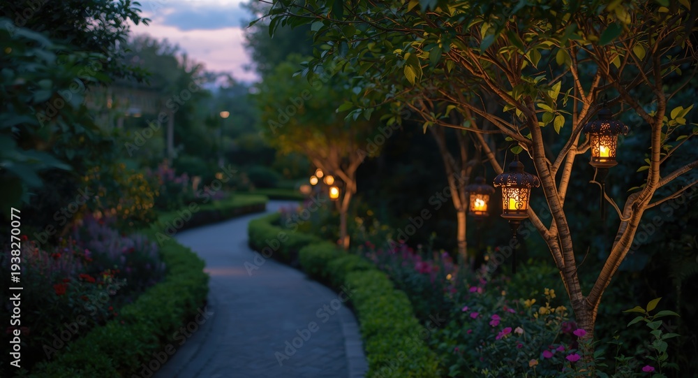Fototapeta premium Classic garden environment adorned with tree lanterns and copy space