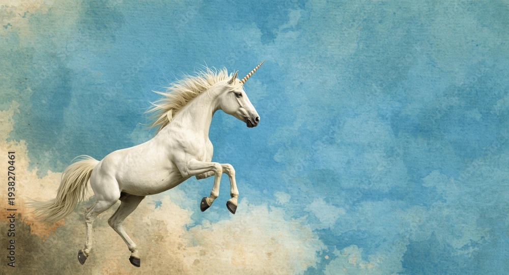 Fototapeta premium Charming unicorn soaring over a textured watercolor sky canvas