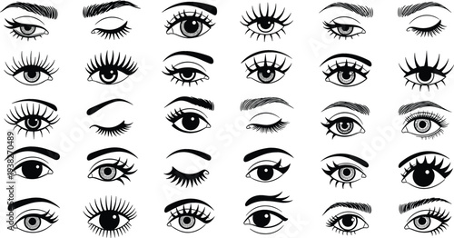 Female Eyes Expression Set with Eyelashes and Eyebrows, Beauty Line Art Collection Illustration