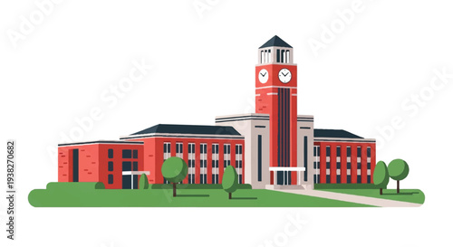 A large red university building with a clock tower standing prominently in a green landscape viewed from the front