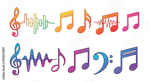 Vibrant musical symbols and notes arranged in a colorful illustration showcasing various music elements