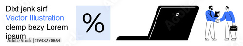 Finance, technology, business collaboration, percentage analysis, investments, growth strategy. A percentage symbol, a laptop and two people shaking hands. Finance and technology ideas