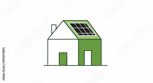 Simple house illustration with solar panels on the roof, showcasing green energy and modern architecture in a minimalist style