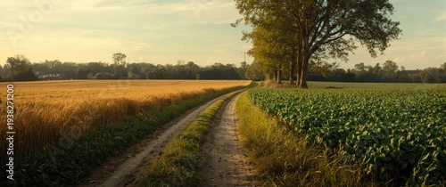 Panel kuchenny z motywem Beer crop cultivation with dirt road bordered by wheat and hop fields in early summer