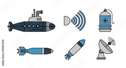 Submarine and Various Military Equipment Icons.