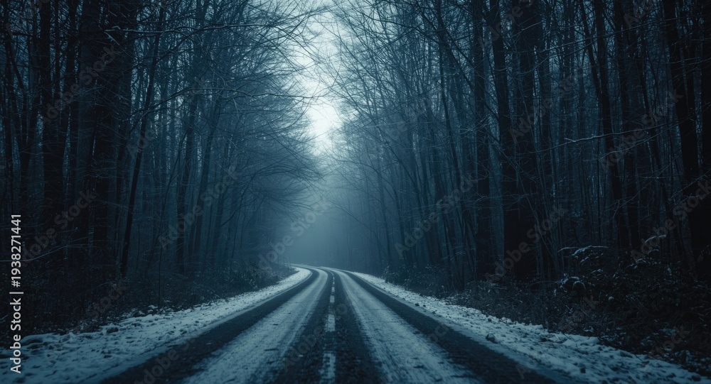 Naklejka premium A ghostly winter forest road captured with grunge style and eerie atmosphere