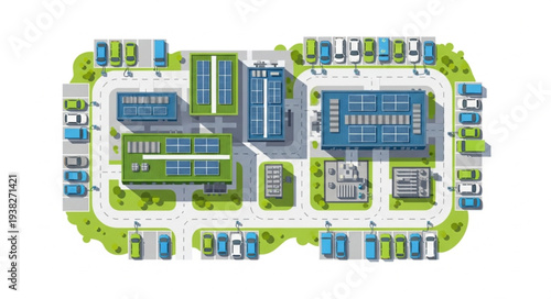 Aerial view of a modern industrial park with solar panels.