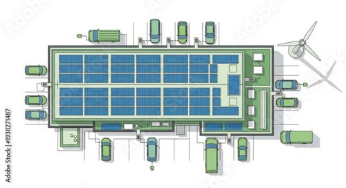Aerial view of a modern solar power plant with vehicles.
