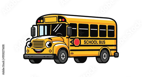 A yellow school bus is parked on a road viewed from the front side