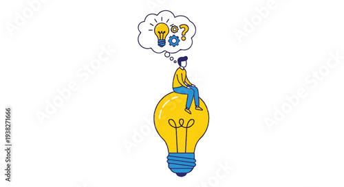 A person sitting on a giant yellow lightbulb, contemplating ideas and creativity