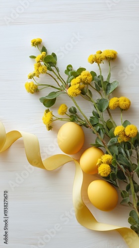 Wallpaper Mural Bright Yellow Easter Eggs and Flowers Arranged on a Light Background Torontodigital.ca