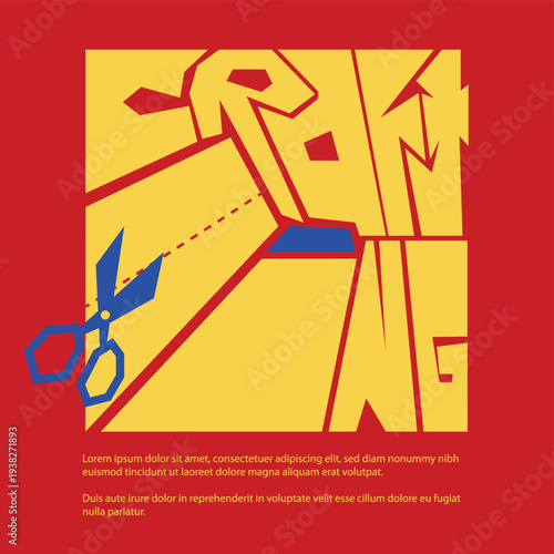 Scissors Cutting Paper Collage Abstract Craft Design Poster Template With Bold Red Yellow Blue Colors