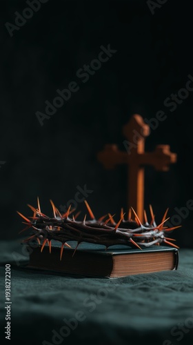 Wallpaper Mural Still Life of Crown of Thorns on a Bible with Cross in Dark Background Torontodigital.ca