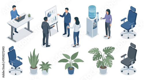 Isometric Business Office People and Furniture Set: Modern Characters, Meeting, Presentation, Desks, Chairs, and Plants in Corporate Workplace