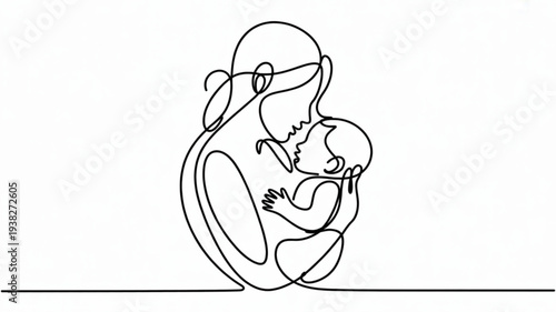 Mother and baby embrace in a simple line art illustration with a minimalist background