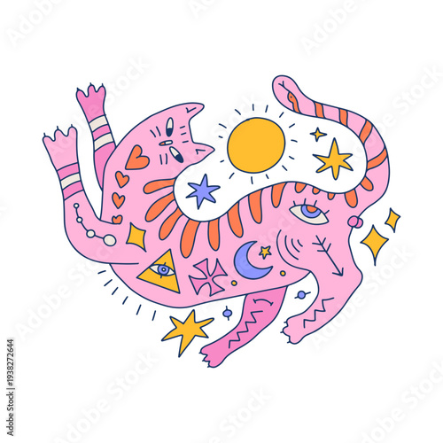 Psychedelic pink cat character with magic tattoos. Quirky animal illustration with third eye, sun, stars and moon. Trippy esoteric vector art in groovy 70s style for hippie poster or funky stickers.