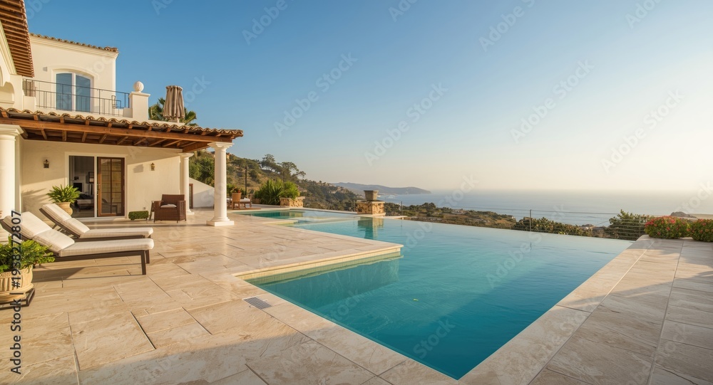 Fototapeta premium Beautiful terraces with travertine stone and tranquil pools bathed in soft daylight
