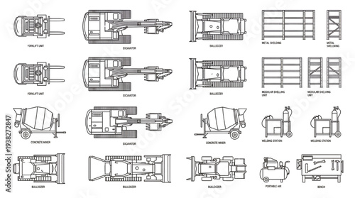 Top View Industrial Machinery and Construction Equipment Vector Set: Excavators, Forklifts, Bulldozers, and Warehouse Tools in CAD Style