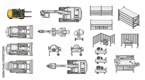 Top View Industrial Machinery and Construction Equipment Vector Set: Excavators, Forklifts, Bulldozers, and Warehouse Tools in CAD Style