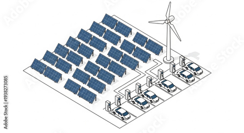 Renewable energy source with solar panels and wind turbine powering electric cars.