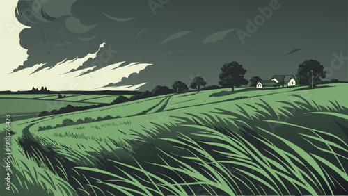 Flat vector illustration of a rural farmhouse and green fields under a dramatic stormy sky