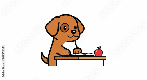 A cartoon dog sits at a desk with an apple, engaged in a learning activity, viewed from the side.