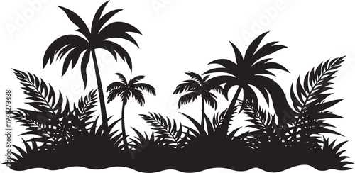 Silhouette of tropical palm trees and lush green jungle foliage isolated