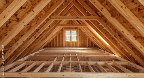 Attic remodeling phase exposing timber roofing truss and support beams