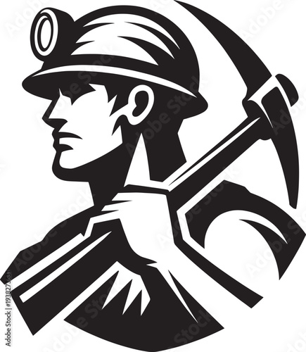 Miner with pickaxe and helmet symbol of mining hard work industry