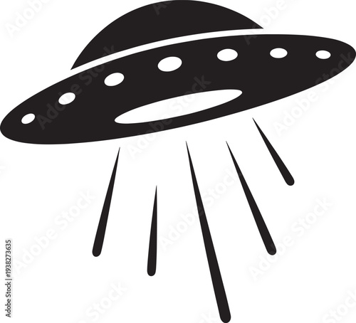 Ufo flying saucer silhouette with light beams beaming from bottom for alien transportation