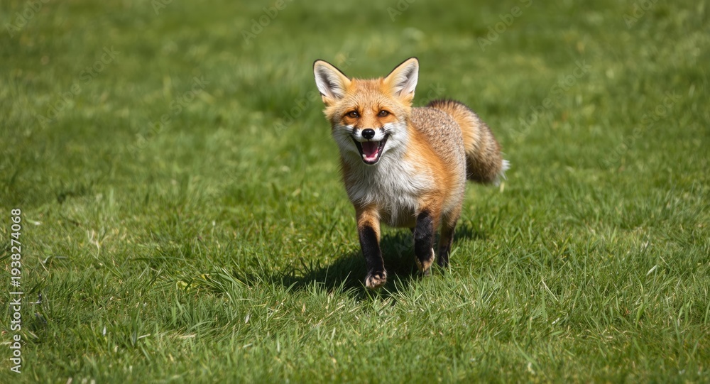 Fototapeta premium Cheerful fox pet leaping over green grass lawn captured in full length on sunny summer day