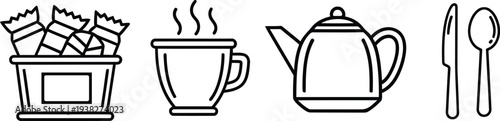 Simple line drawing of breakfast items including toast coffee teapot knife and spoon
