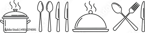 Black and white line drawing of kitchen utensils and covered dishes