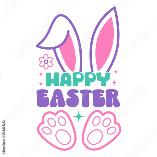 Happy Easter Cute Typography with Bunny Ears and Bunny Paws Illustration