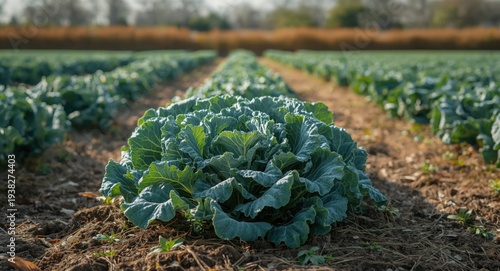 Classic winter kale plants prospering in a well-tended farm plot with natural field backdrop