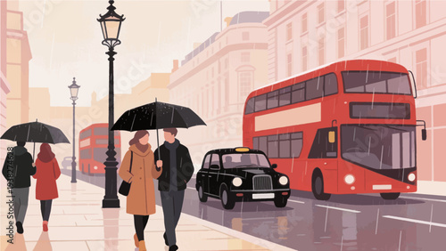 London Double Decker Bus and Black Taxi on Rainy City Street Vector Illustration