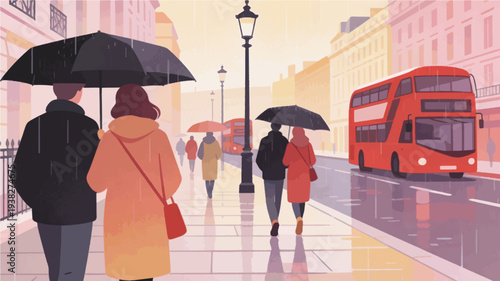 Couple Walking with Umbrella on Rainy London Street with Red Double Decker Bus Vector Illustration