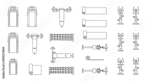 Top View Gym Equipment Vector Set: Fitness Machines, Weights, Treadmills, and Yoga Mats Plan Symbols