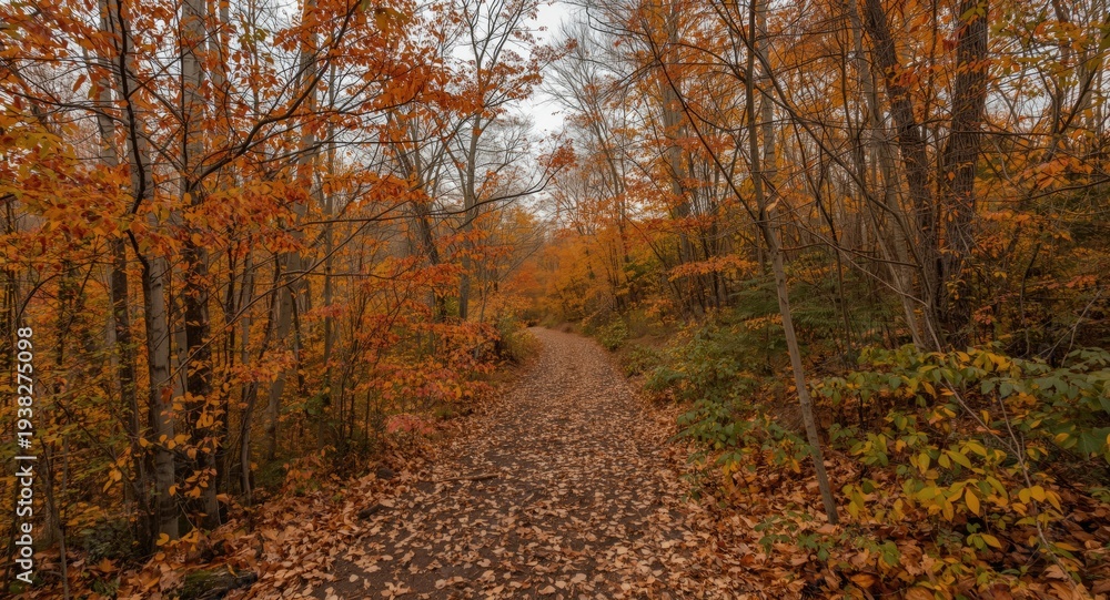 Obraz premium A Calm and Peaceful Hike Along an Autumn Colored Nature Trail