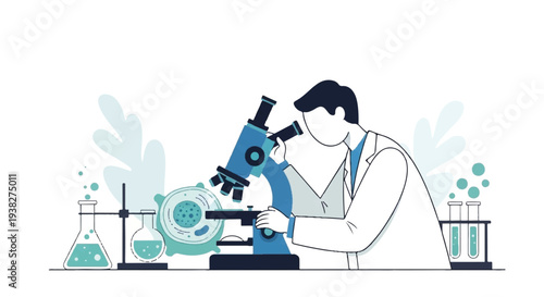 Scientist examining samples through microscope in laboratory setting with various equipment nearby
