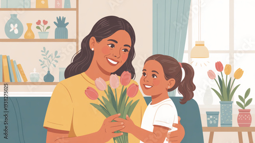 Happy mother and daughter holding flowers in cozy living room with tulips on table